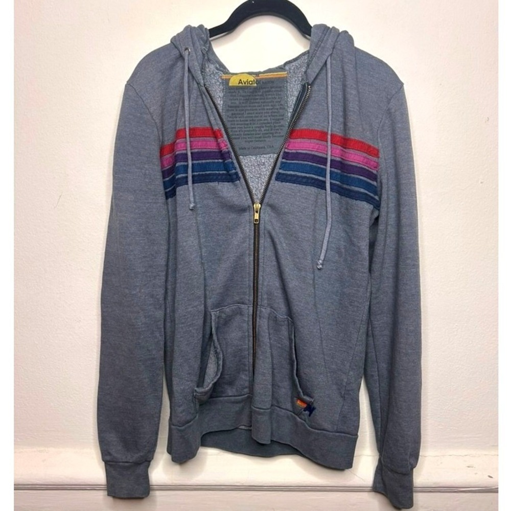 Aviator Nation 5 Stripe Charcoal Grey Zip Unisex Hoodie Size Medium